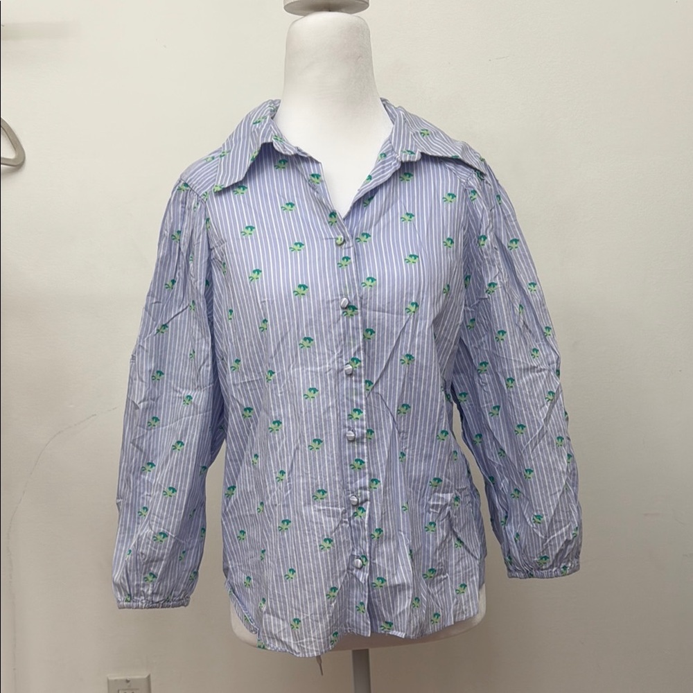 Zara Blue Striped Shirt with Green Floral Accents